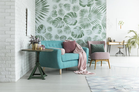 Green wallpaper in living room