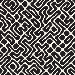 Vector Seamless Black And White Rounded Irregular Maze Pattern. Abstract Hand Drawn Background