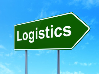 Business concept: Logistics on green road highway sign, clear blue sky background, 3D rendering