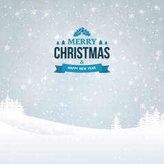 Merry Christmas and Happy New Year vintage badge on the landscape background. Holiday winter background with falling snow. Shining landscape background with trees and snowflakes. Vector Illustration.