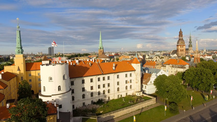 Obraz premium Aerial view of Riga at summer sunset, Latvia