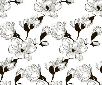 Vector Black Seamless Pattern with Drawn Cherry Flowers