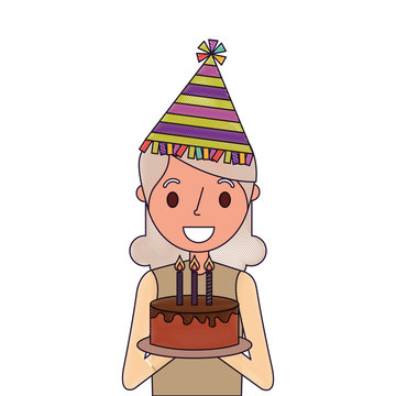 portrait elderly woman grandmother holding birthday cake vector illustration
