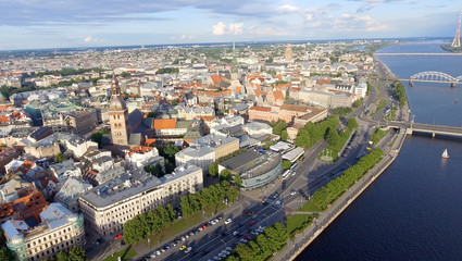 Fototapeta na wymiar Aerial view of Riga at summer sunset, Latvia