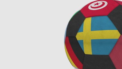 Football ball featuring different national teams accents flag of Sweden. 3D rendering