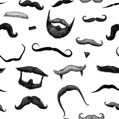seamless pattern mustache and funny beard of men, hipster and retro barber or hairdresser on transparent background. engraved hand drawn in old sketch, vintage style for packaging and signage.