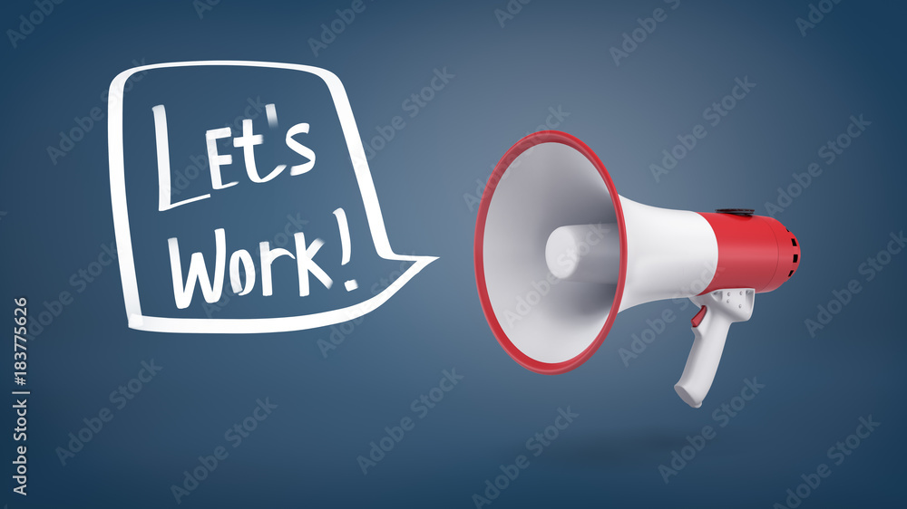 Poster 3d rendering of a red and white megaphone hangs on a blue background with a speech bubble holding wo