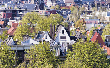 Fototapeta na wymiar Amsterdam homes aerial view among trees