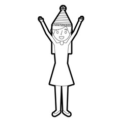 portrait woman happy with party hat and arms up vector illustration