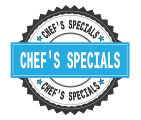 CHEF'S SPECIALS text on grey and cyan round stamp, with zig zag