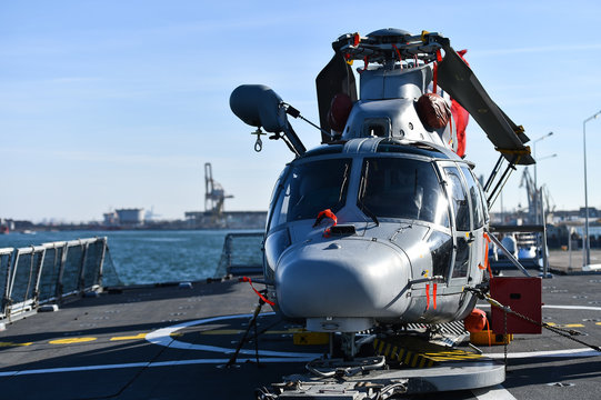 Helicopter on a platform of a frigate