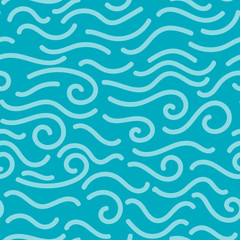 Fototapeta premium Abstract blue hand drawn doodle thin line wavy seamless pattern. Curly linear sky or sea messy background. Vector illustration.