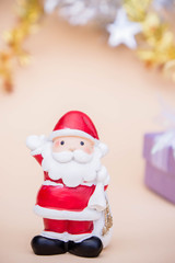 santa claus doll christmas background and gift box and copy space
