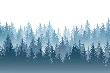 Gartenposter Weiß Vector misty forest landscape with detailed blue silhouettes of coniferous trees - seamless pattern