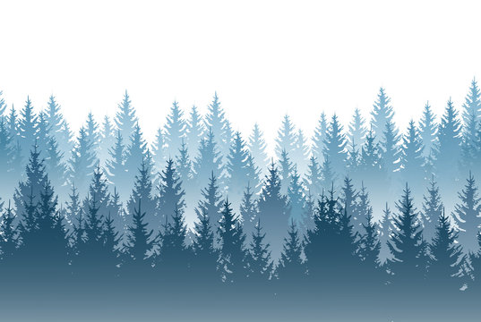 Vector misty forest landscape with detailed blue silhouettes of coniferous trees - seamless pattern © Kateina