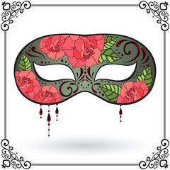 Green silk masquerade mask with roses and pendants