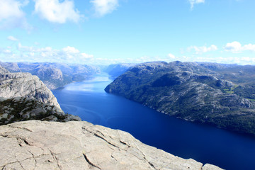 View from Preikestolen pulpit rock, Lysefjord in the background, Rogaland county, Norway