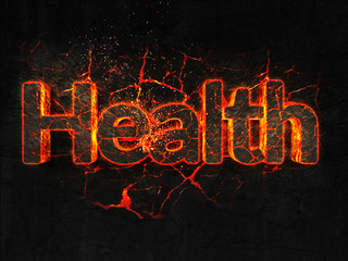 Health Fire text flame burning hot lava explosion background.