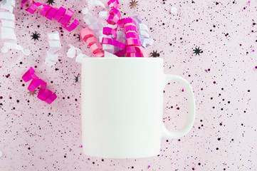 white mug mockup with pink party items