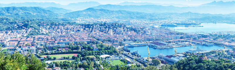 Panoramic view of La Spezia. Gulf and city port on a beautiful sunny day