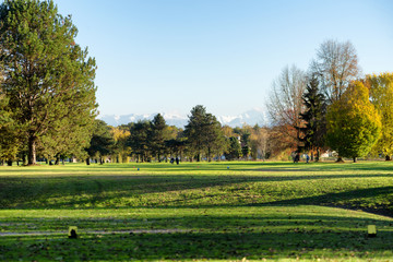 green golf field and blue  sky