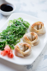 Closeup of fried asian dumplings with salmon stuffing and seaweed salad served on a white plate, selective focus, shallow depth of field