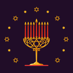 Happy Hanukkah. Gold menorah with red candles and stars on dark background for your greeting card design.