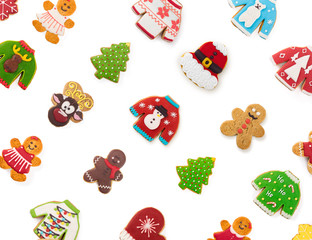 Delicious different Christmas cookies on white background. Poster concept. Empty place for text.