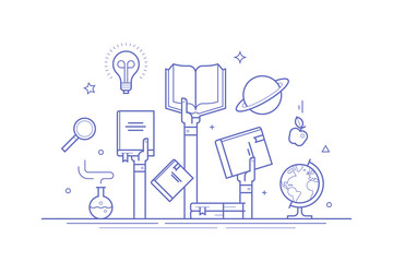 Concept on knowledge and education. Thin line flat design vector composition for banners, social media posts and print.