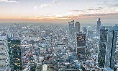 Fototapeta premium Aerial night view of Frankfurt skyline, Germany