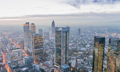 Aerial night view of Frankfurt skyline, Germany