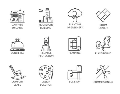 Graphic line icons of real estate, design, high service and security. Outline symbols of city infrastructure. 12 linear signs isolated on white. Vector contour logo immovable property concept