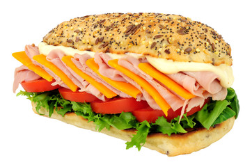 Cheese and ham salad sandwich roll isolated on a white background