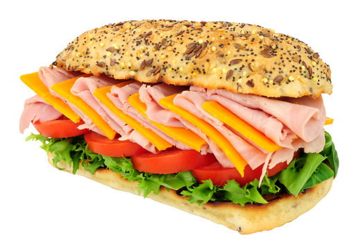 Cheese and ham salad sandwich roll isolated on a white background