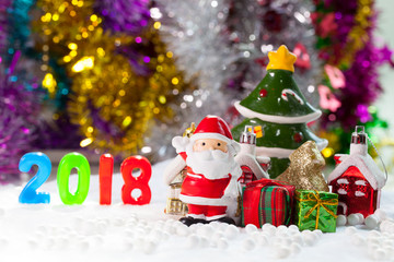 Christmas props decorations on christmas snow field background with copy space.Merry Christmas and happy new year concept.
