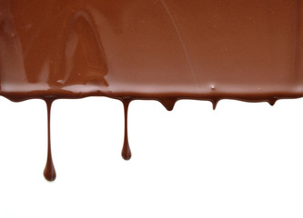 Close up of chocolate syrup leaking on white background