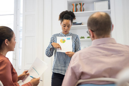 Businesswoman making pie chart presentation at boardroom table