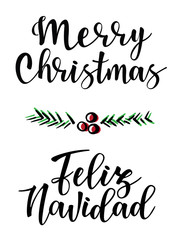 Vector illustration of "Merry Christmas'' and "Feliz Navidad" lettering. 