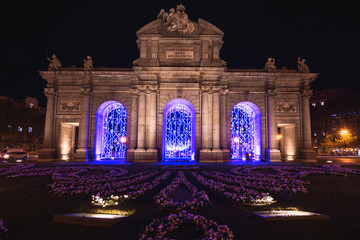 Alcala Gate in Madrid Illuminated for Christmas Celebration