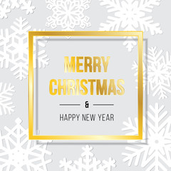 Merry Christmas and Happy New Year gold lettering inside golden frame over flat lay with white snowflakes. Vector illustration usable for banners, greeting cards, gifts and backgrounds.