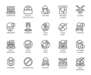 Linear icons of virtual protection, cyberattacks, computer viruses, hacking, stealing and piracy theme . Contour symbols of web protection and warnings. 20 outline vector pictographs isolated on white