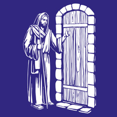 Jesus Christ, Son of God knocking at the door, symbol of Christianity hand drawn vector illustration sketch.