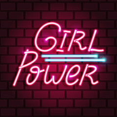 Girl Power neon text. Neon sign, bright signboard, light banner. Vector icons