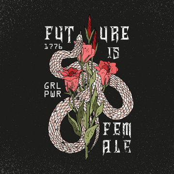Girl power, Future is female slogan. Snake with rose.Rock and roll girl patch. Typography graphic print, fashion drawing for t-shirts .Vector stickers,print, patches vintage