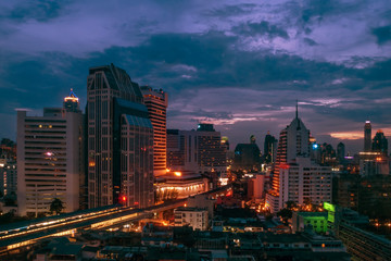 Aerial view of Sukhumvit Road District in the evening light, Bangkok, Thailand