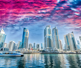 Tall buildings of Dubai at sunset, UAE