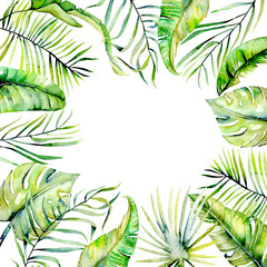 Watercolor tropical palm leaves frame border, hand painted on a white background, greeting card design