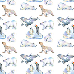 Watercolor cute polar animals illustrations seamless pattern, hand drawn isolated on a white background
