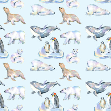 Watercolor cute polar animals illustrations seamless pattern, hand drawn isolated on a blue background