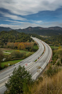 Elevated view of motorway, Viladrau, Catalonia, Spain, Europe